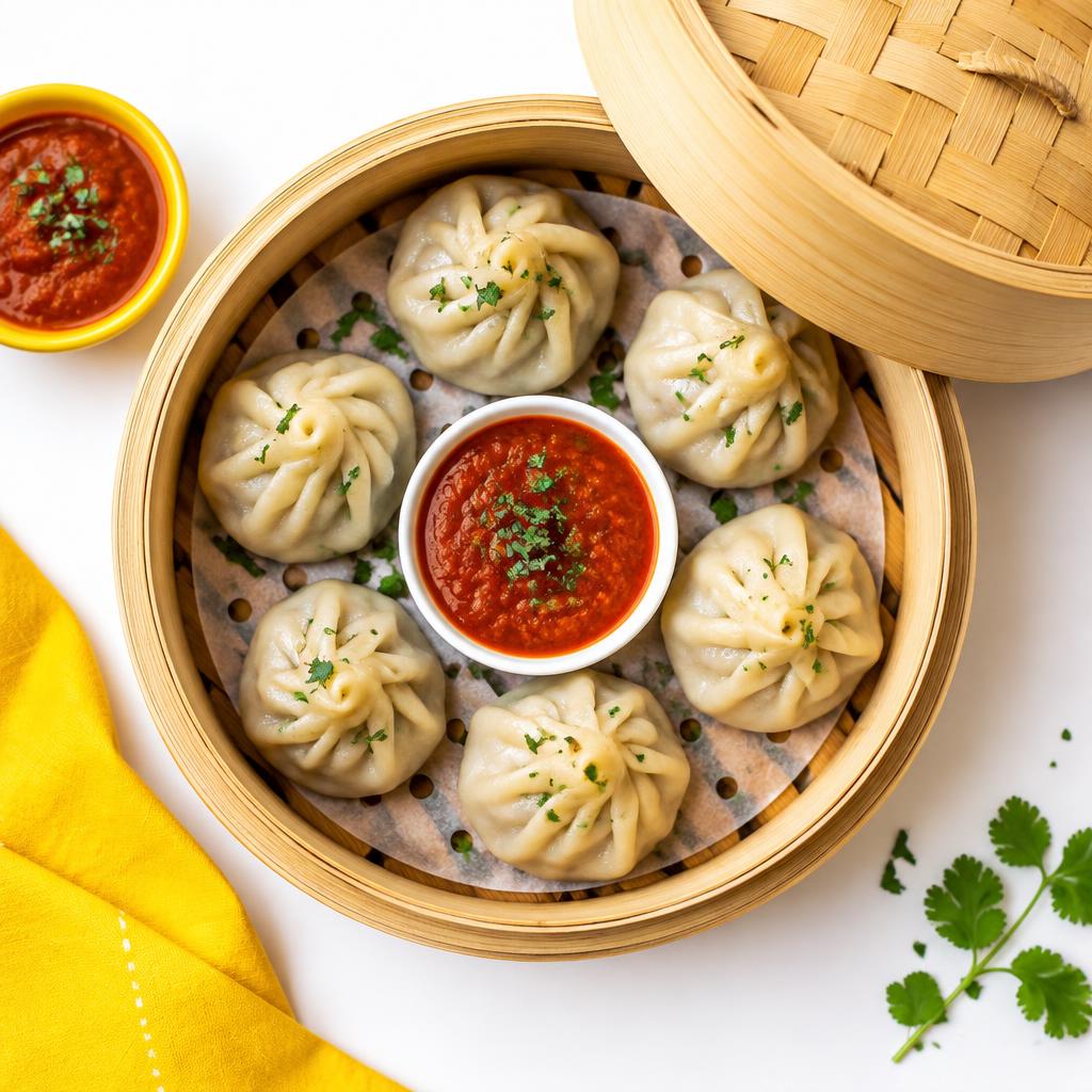 Handmade WAYO momos in a bamboo steamer